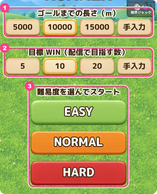 ギフトランナーのタイトル画面。①ゴールまでの長さ（5000・10000・15000・手入力）②目標 WIN（5・10・20・手入力）③難易度（EASY・NORMAL・HARD）を押すとスタート