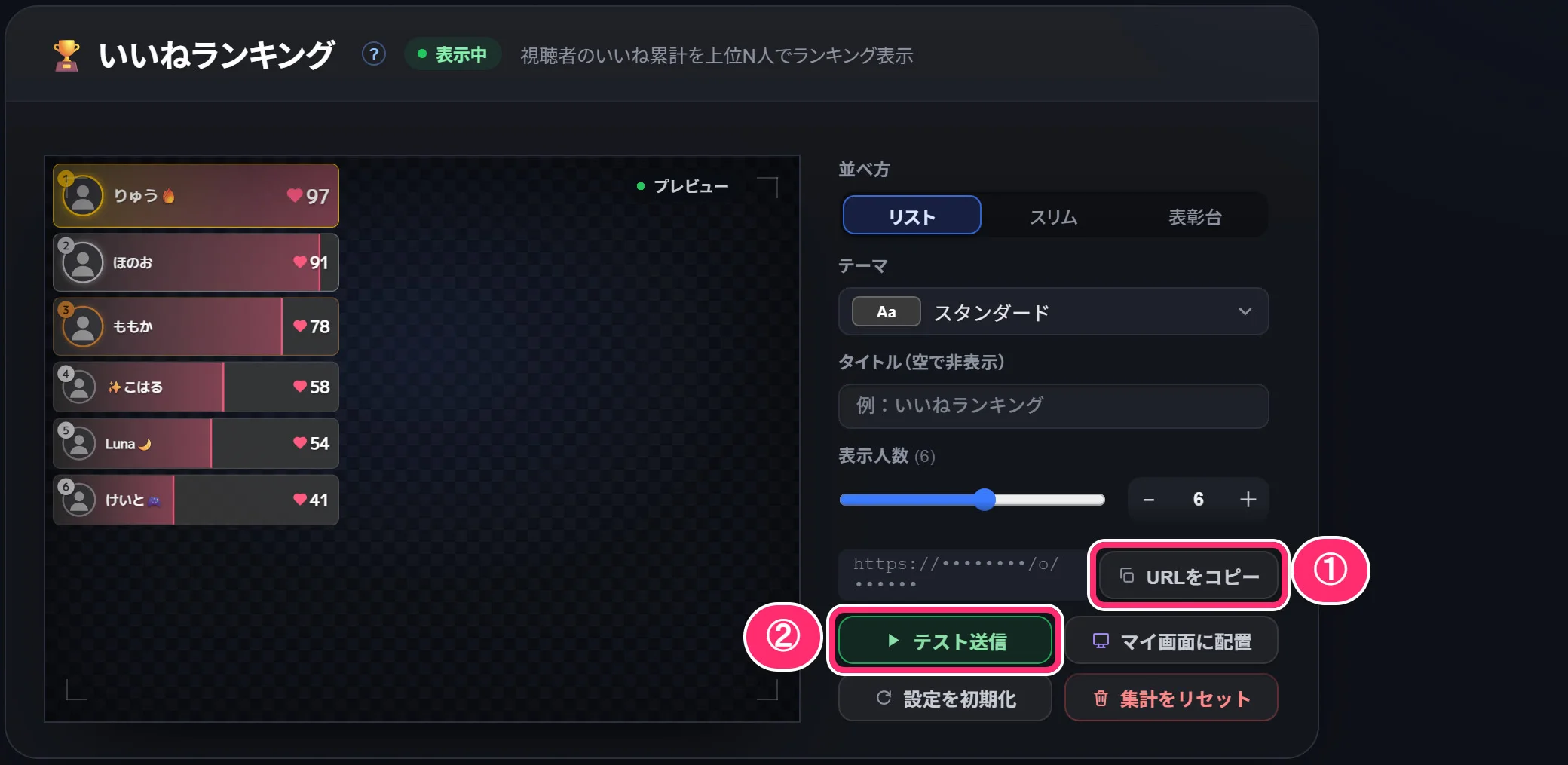 いいねランキングの欄。①「URLをコピー」で配信ソフトに貼るURLをコピーし、②「テスト送信」で見え方を試せる
