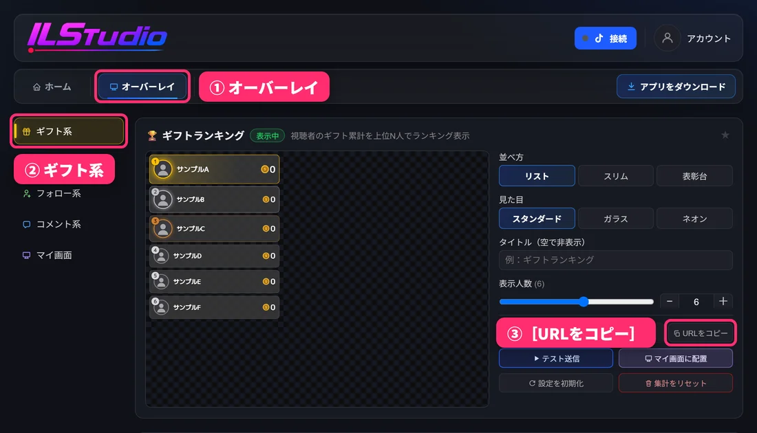 ILStudio の編集画面。①上のタブの［オーバーレイ］、②左の［ギフト系］、③ギフトランキングの欄の［URLをコピー］の3か所が順に囲まれている